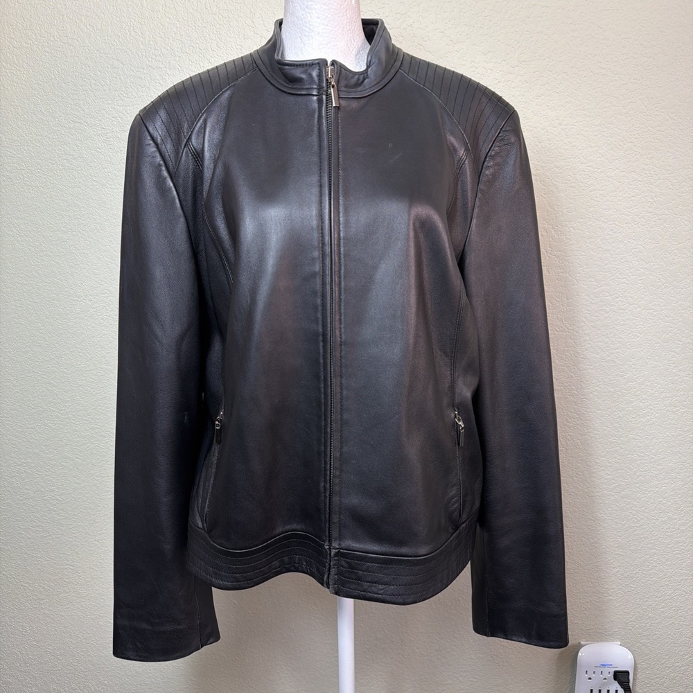 Valerie Stevens Leather Jacket Women XL Black Full Zip Ribbed Moto Biker Coat